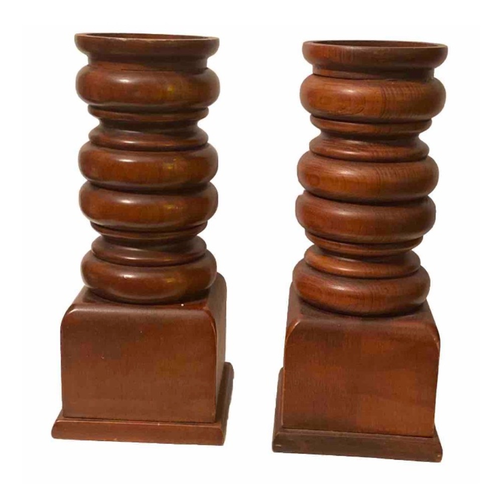 VTG Retro Massive Solid Walmut Turned Pillar Candle Holders by Wingate Pair 10"